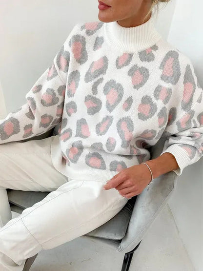 Chunky Turtleneck Sweaters Leopard Print Women