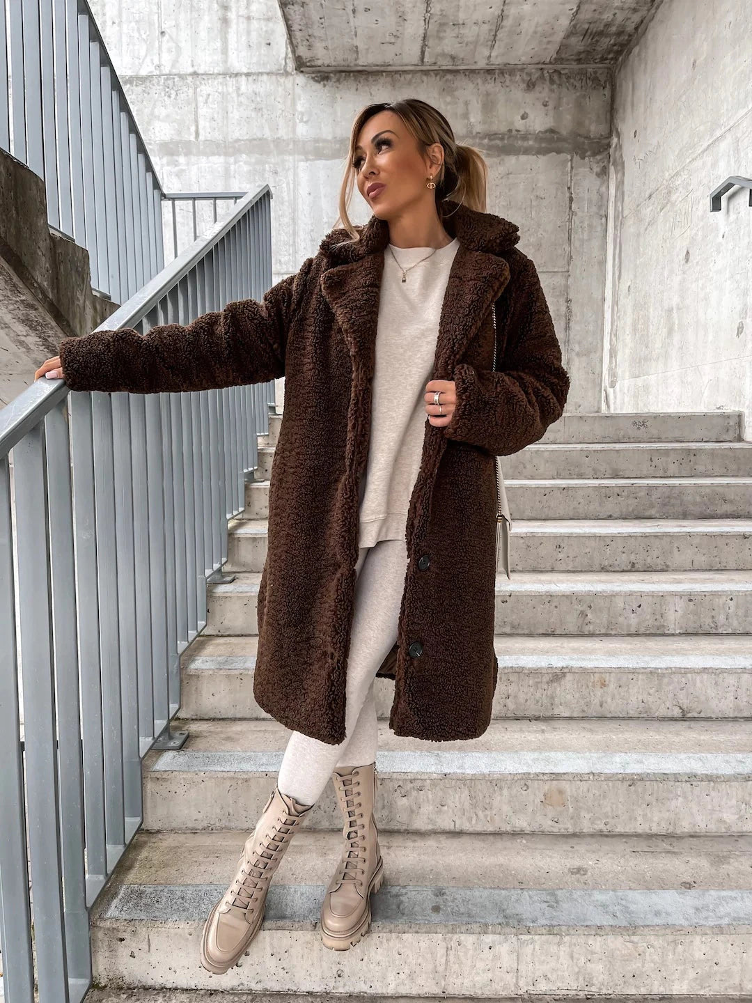 Long Teddy Coat Soft Fleece Hood Button Closure