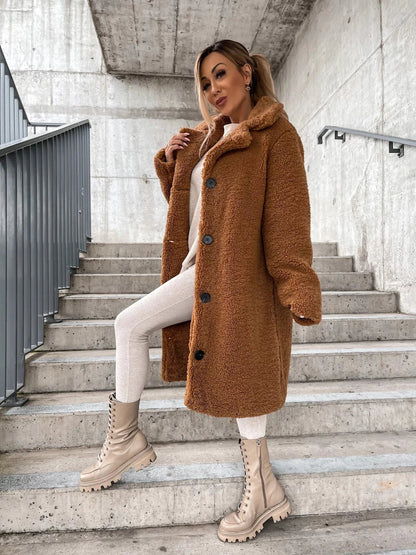 Long Teddy Coat Soft Fleece Hood Button Closure
