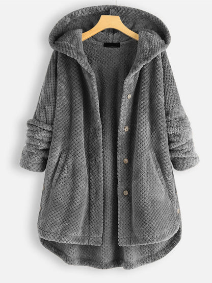 Practical women's dress with hood and buttons
