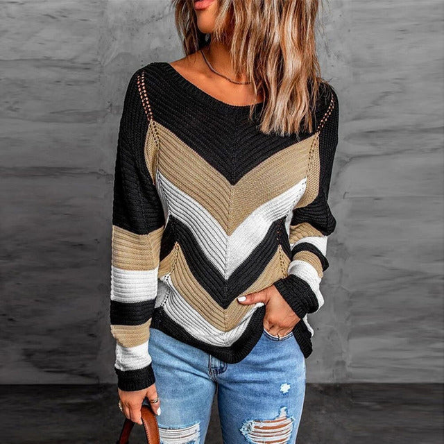 Damen Strickpullover Herbstfarben Patchwork Stil - IdealeKleiden