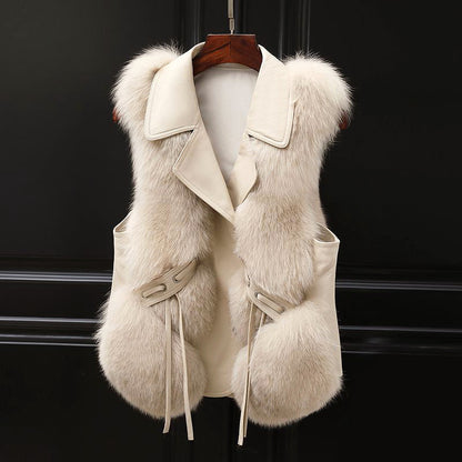Stylish faux fur vest with cord and lapel collar