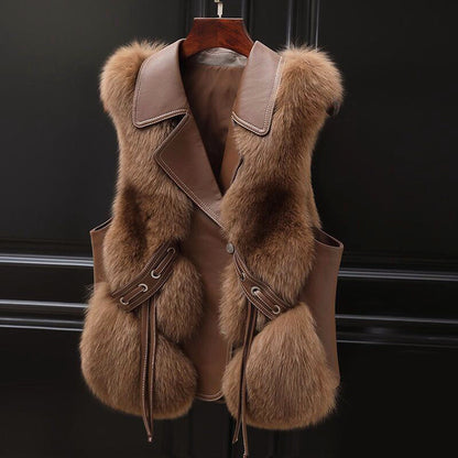 Stylish faux fur vest with cord and lapel collar