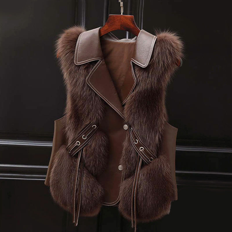 Stylish faux fur vest with cord and lapel collar