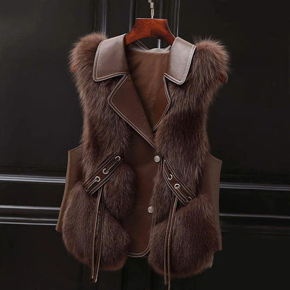 Stylish faux fur vest with cord and lapel collar
