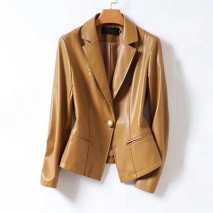 Elegant Leather Jacket One-Button Blazer Design