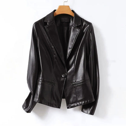 Elegant Leather Jacket One-Button Blazer Design