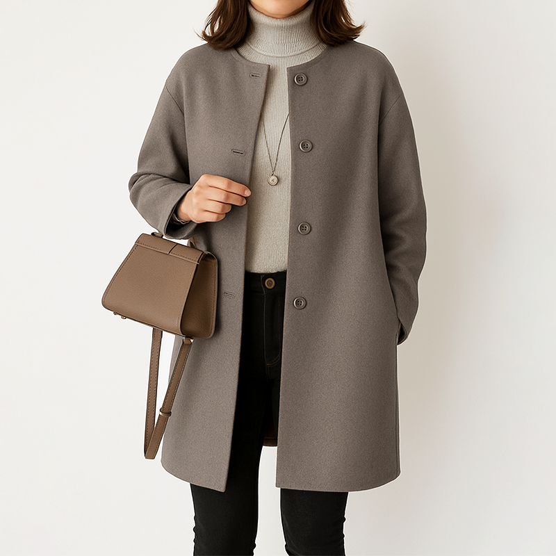 Mid-length women's coat, round neck, tailored fit