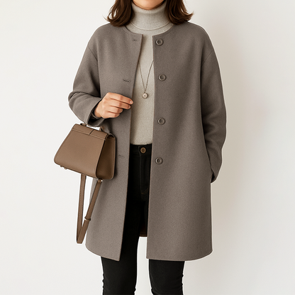 Mid-length women's coat, round neck, tailored fit