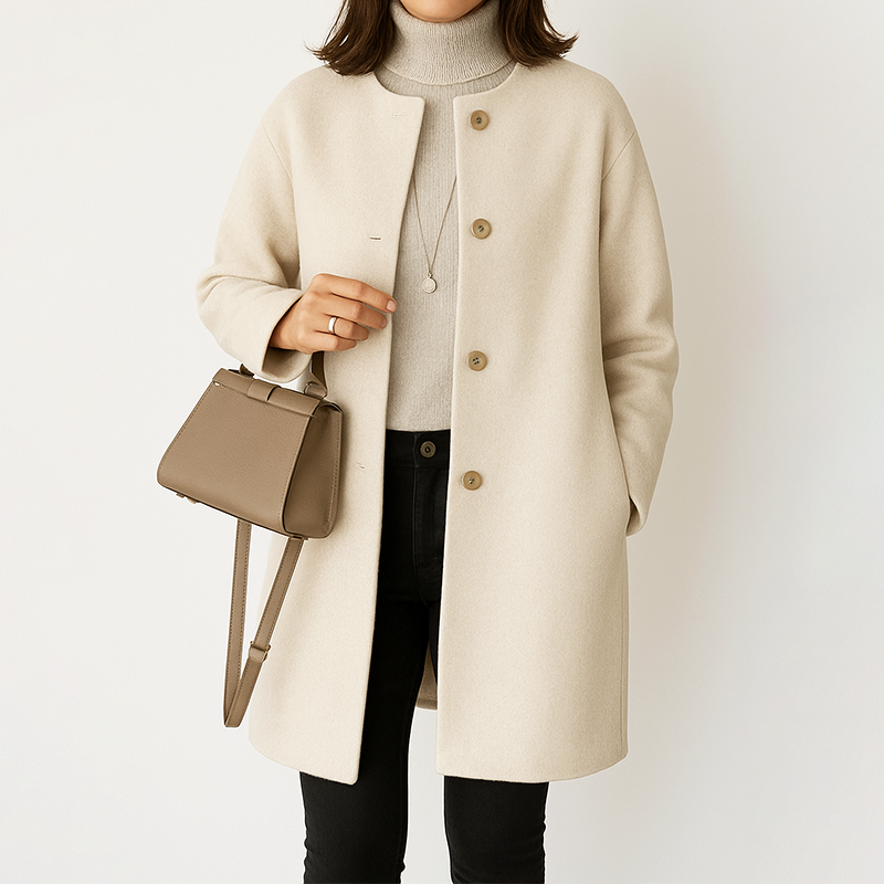 Mid-length women's coat, round neck, tailored fit