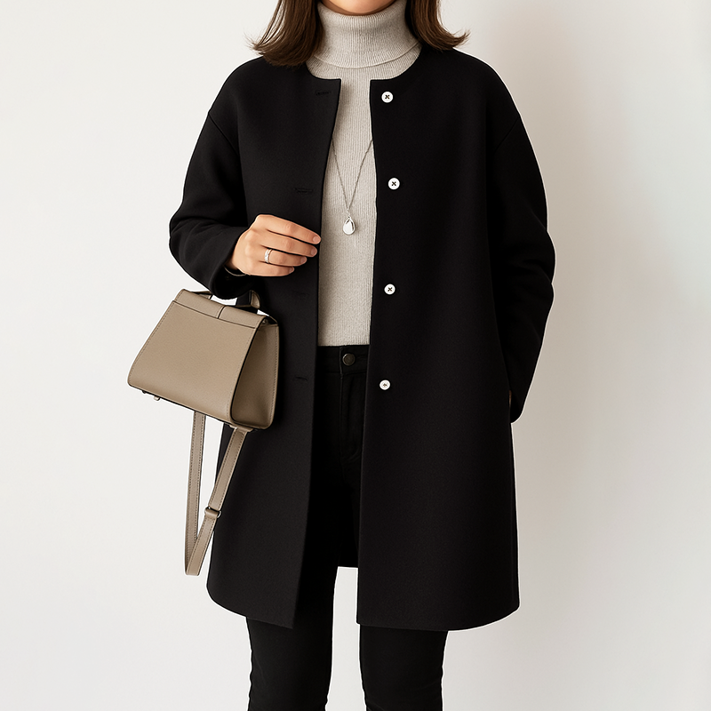Mid-length women's coat, round neck, tailored fit