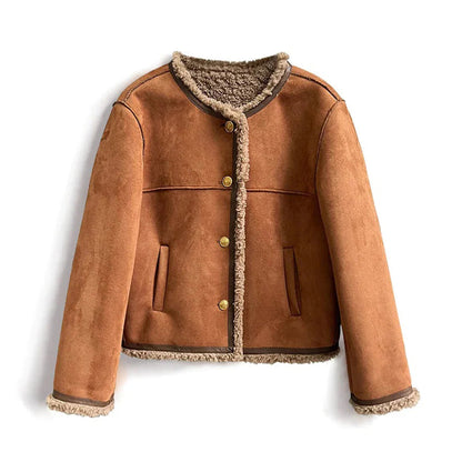 Short Suede Jacket Lined Cozy Buttoned Outerwear