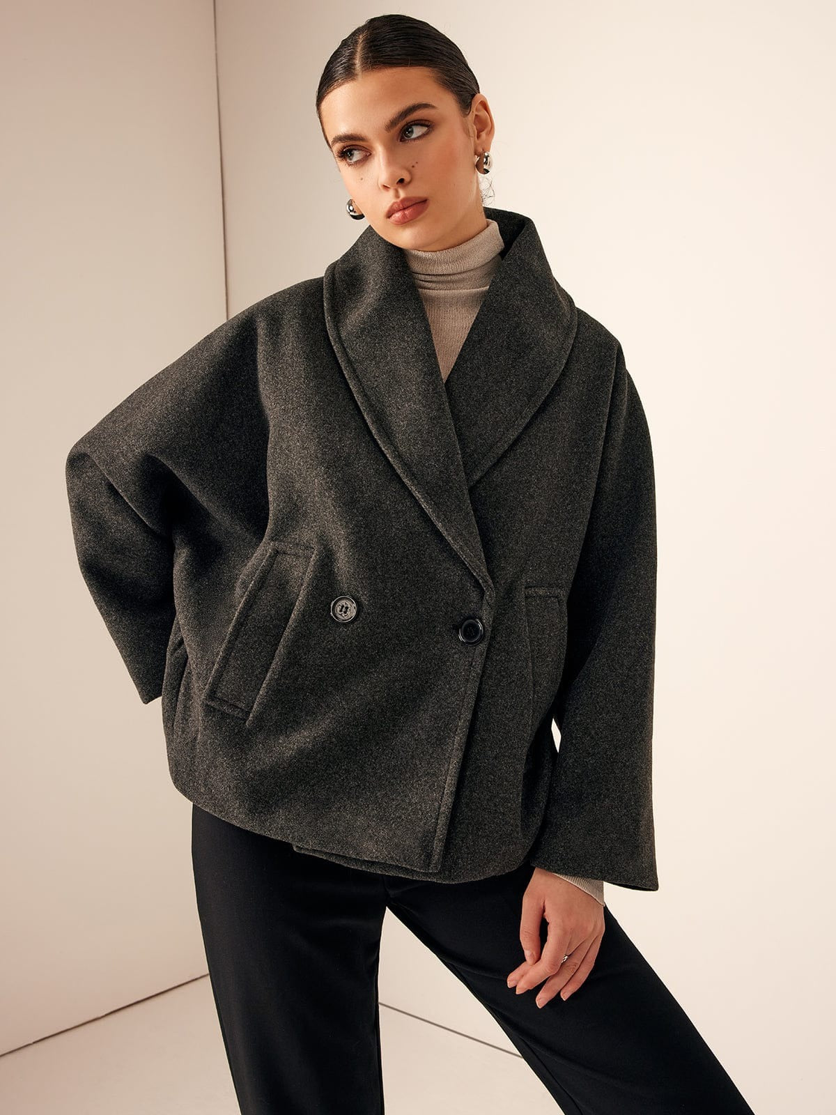Oversized Wool Blend Coat Double-breasted Button Closure