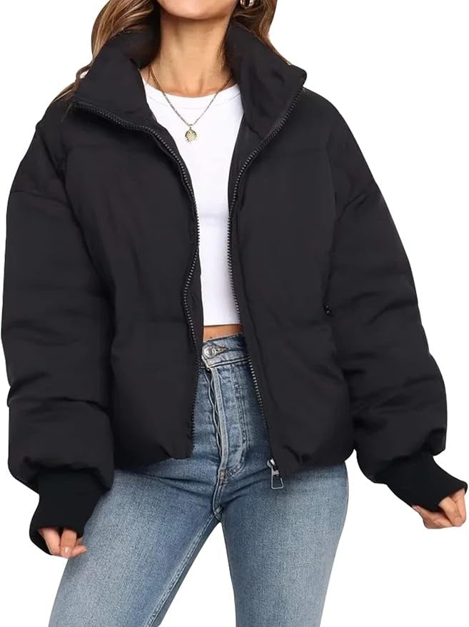 Short Oversized Puffer Jacket with Zipper