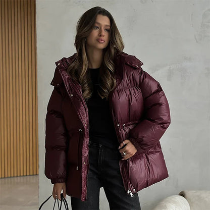 Women's Winter Puffer Jacket with Drawstring, Shiny Finish