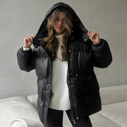 Women's Winter Puffer Jacket with Drawstring, Shiny Finish