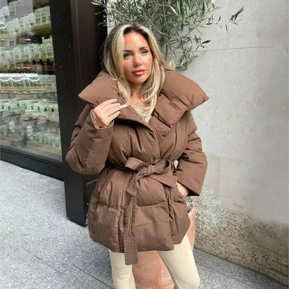Women's Long Quilted Winter Coat with Belt