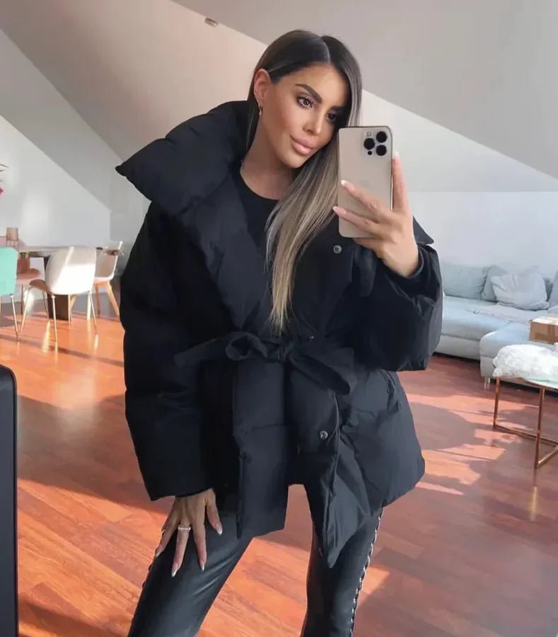 Women's Long Quilted Winter Coat with Belt