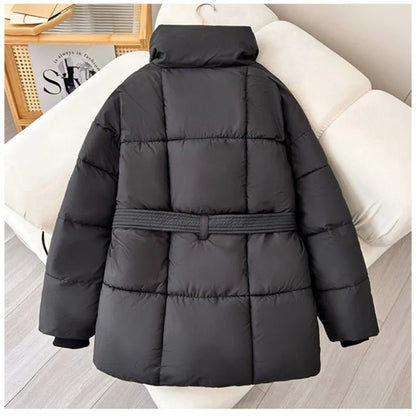 Women's Long Quilted Winter Coat with Belt