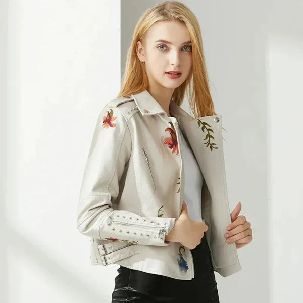 Lederjacke Damen Blumenstickerei Nietenstyle - IdealeKleiden