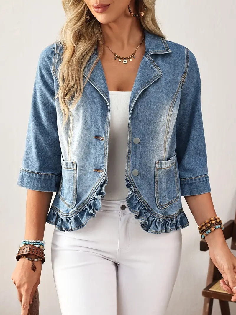 Fashionable Denim Jacket Ruffle Jeans Blazer Light Blue