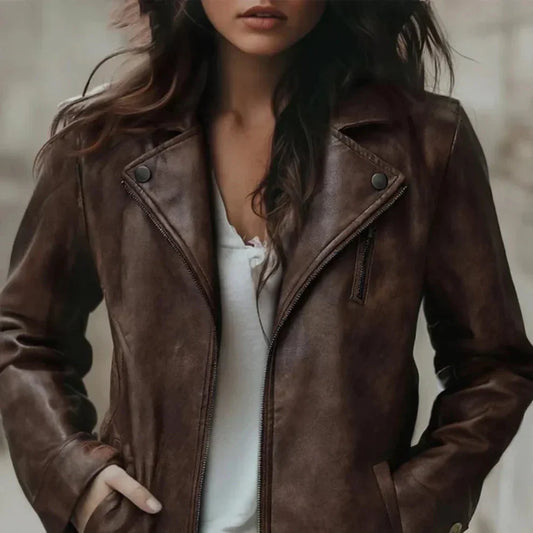 Lederjacke Damen Bikerstyle Retro Look - IdealeKleiden