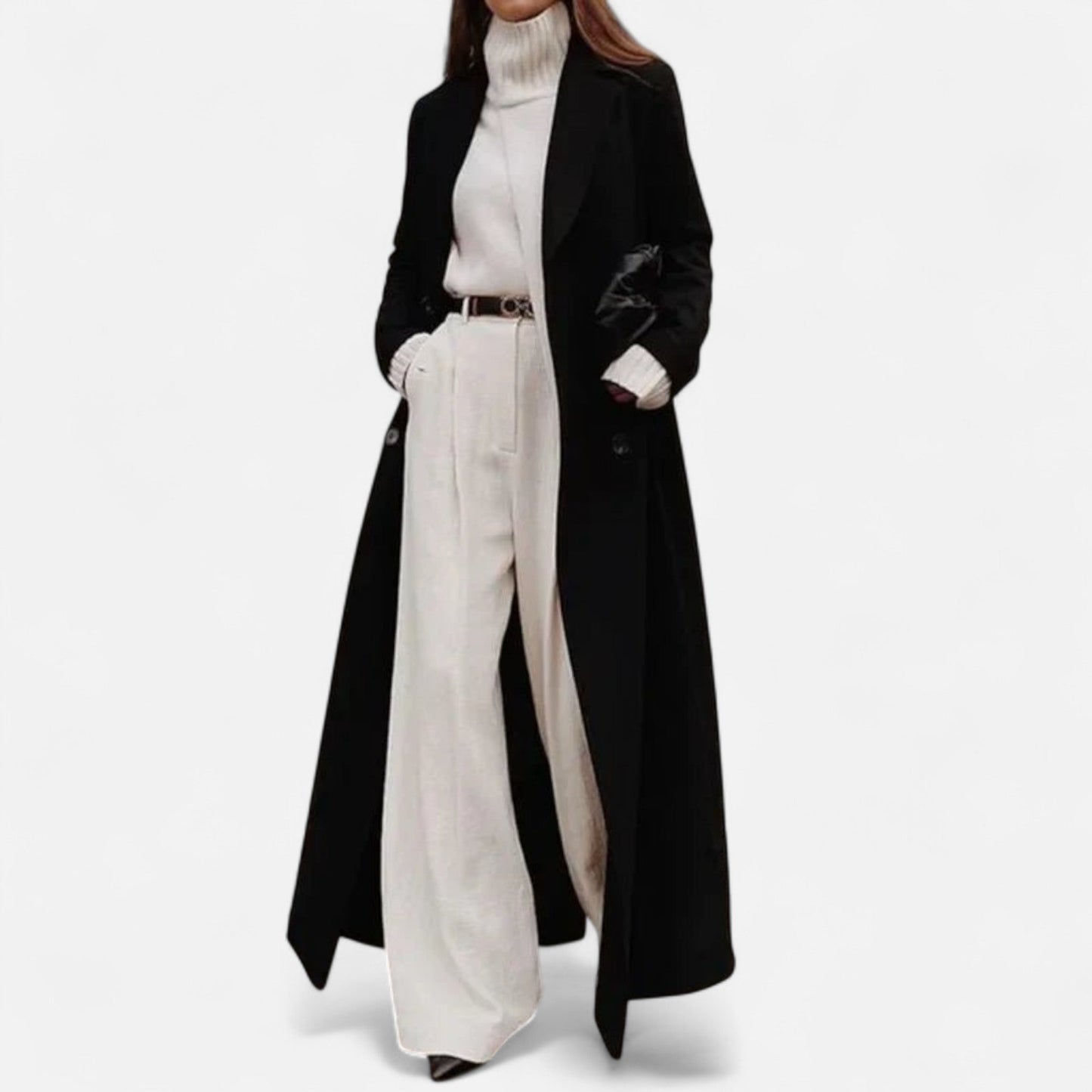 Women's Elegant Black Maxi Coat with Lapel Collar