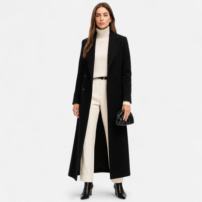 Schwarzer Maxi-Mantel Damen Elegant Reverskragen - IdealeKleiden