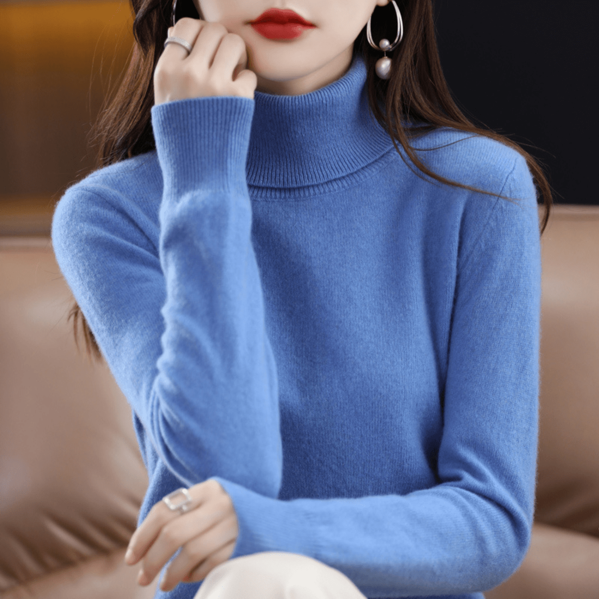 Damen Strickpullover Klassisch Warm Rollkragen - IdealeKleiden