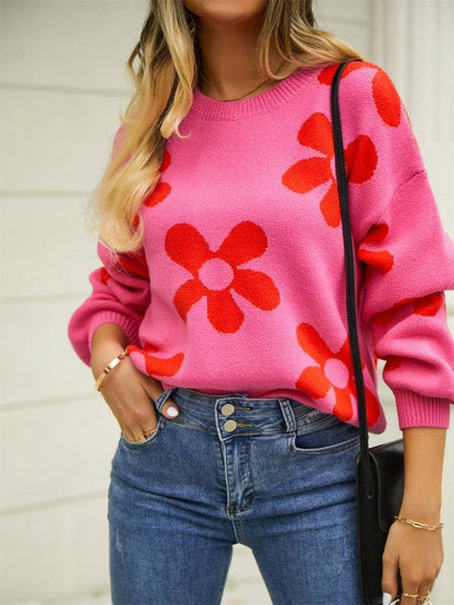 Women's Autumn Floral Round Neck Sweater
