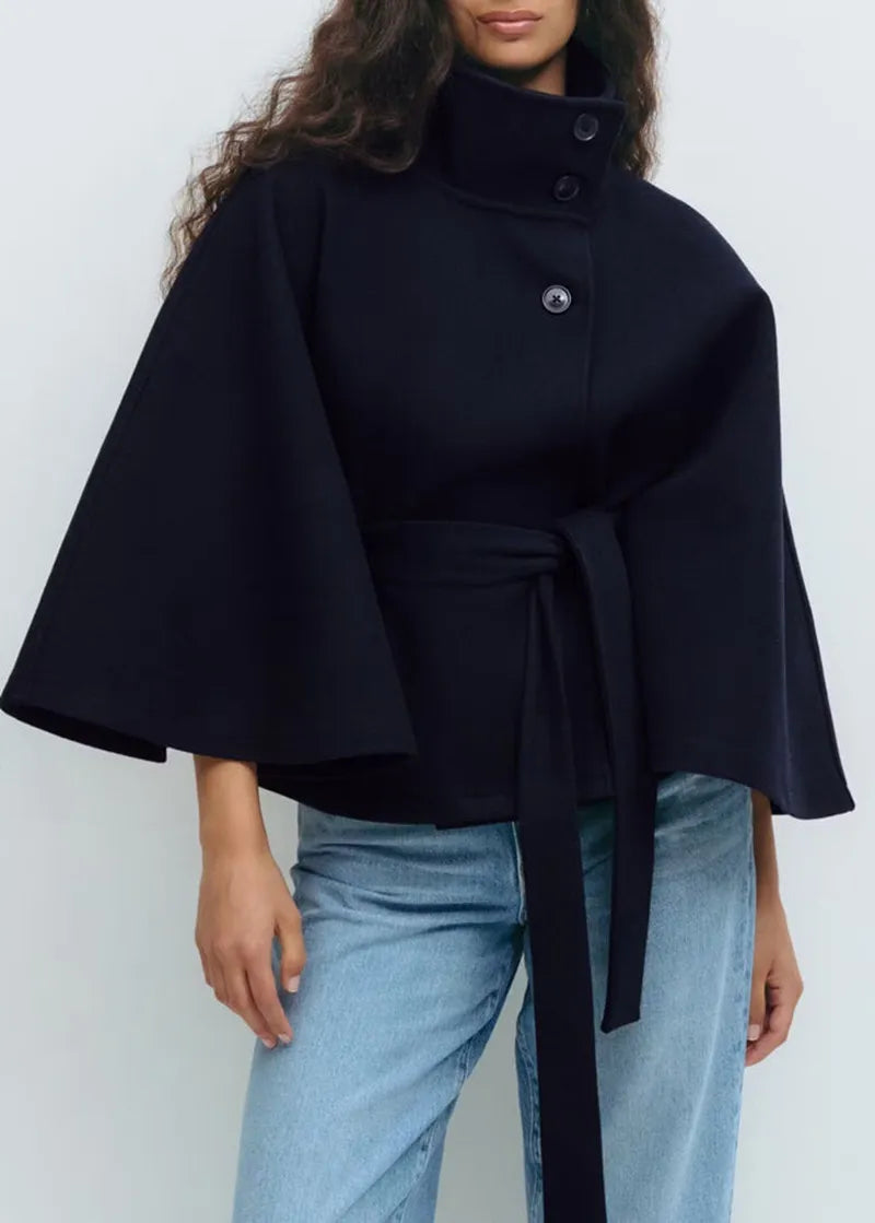 Women's Spring Coat Cape Style with Belt and Stand-Up Collar