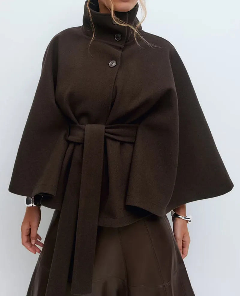 Women's Spring Coat Cape Style with Belt and Stand-Up Collar
