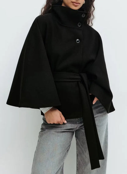 Women's Spring Coat Cape Style with Belt and Stand-Up Collar