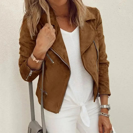 Stylische Lederjacke Frauen - Faux Wildleder Bikerjacke Mit Asymmetrischem Reißverschluss - IdealeKleiden