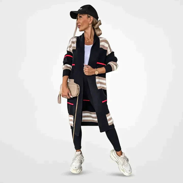 Elegant Knit Cardigan Long Stripe Design
