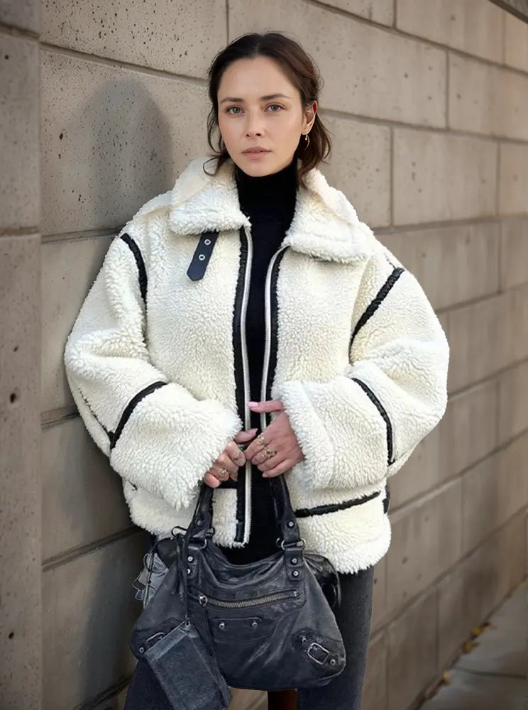 Modische Damenjacke Fellbesatz Kragen Trendy - IdealeKleiden