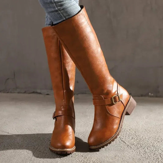 Knielange Stiefel Schmal Schnallen Lederoptik - IdealeKleiden