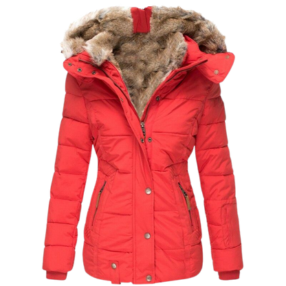 Warm Winter Dress | Women's Coat with Fur Collar and Quilted Seams