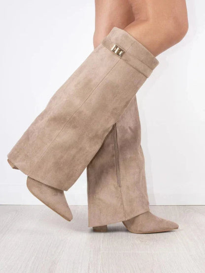 Fold-over Knee-High Suede Buckle Block Heel Boots