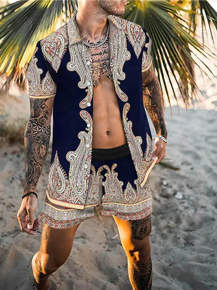 Sommer-Zweiteiler Kurzarm Hemd Shorts Set - IdealeKleiden