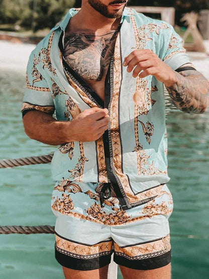 Summer Two-Piece Short Sleeve Shirt Shorts Set
