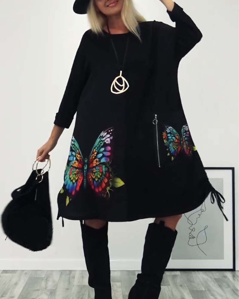 Summer Dress Butterfly Pattern With Pocket