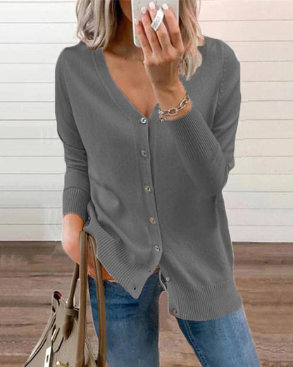 Women's Knitted Button-Up V-Neck Top