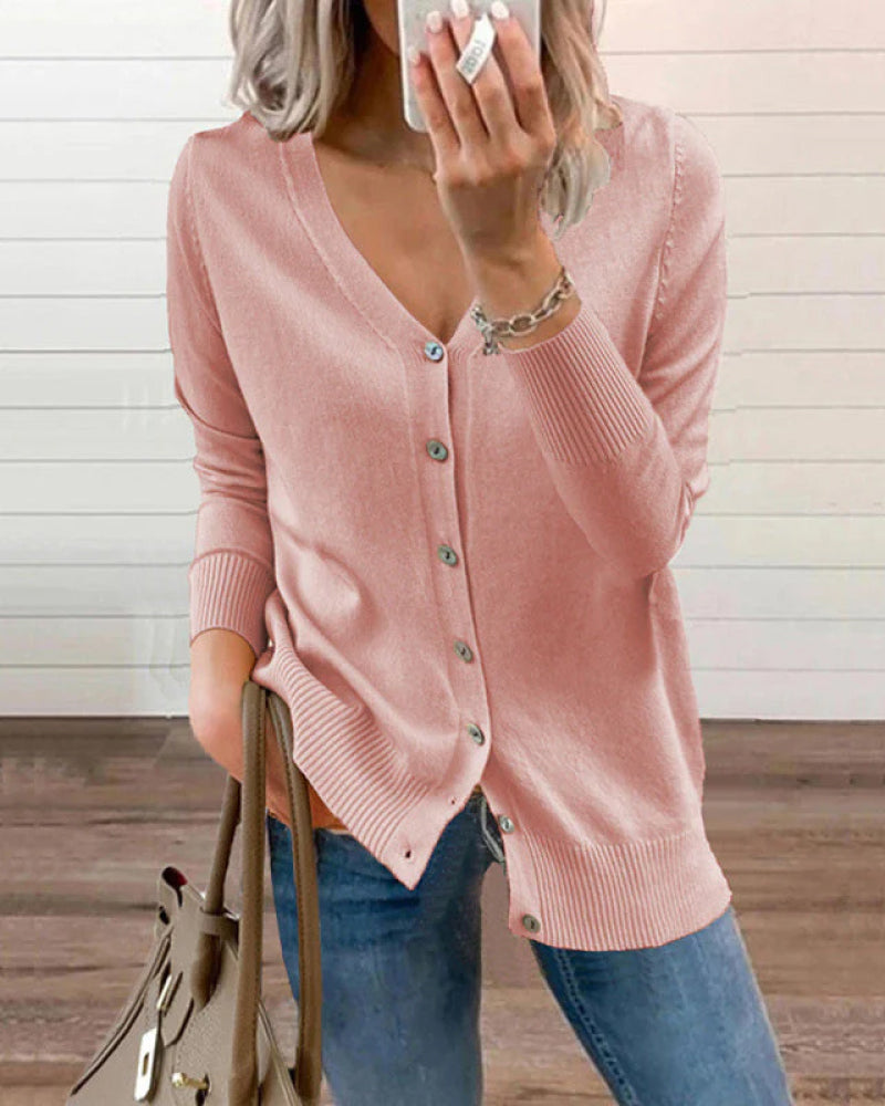 Women's Knitted Button-Up V-Neck Top