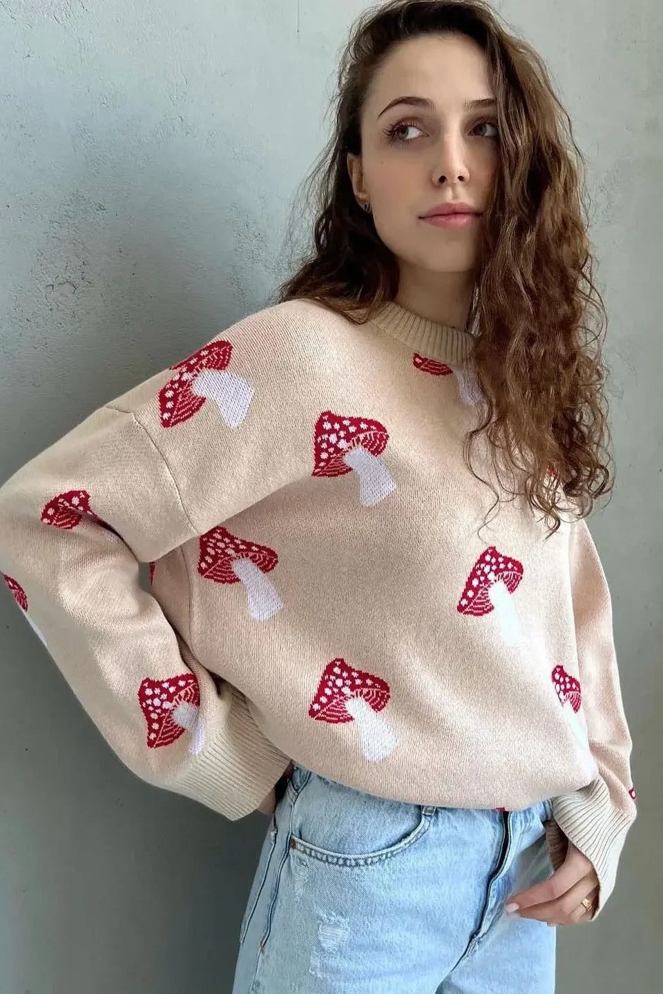 Winter Sweater Mushroom Pattern Jacquard