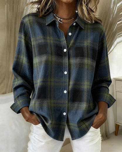 Elegant Blouse Plaid Pattern Crew Neck