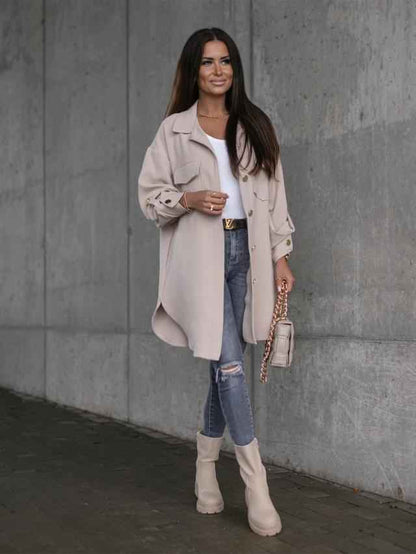 Lange Damenjacke Modern Wollkragen - IdealeKleiden