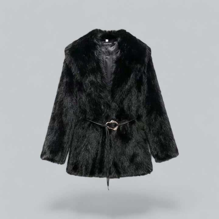 Elegante Damenkleidung | Kunstfell Gürtel Lang Mantel