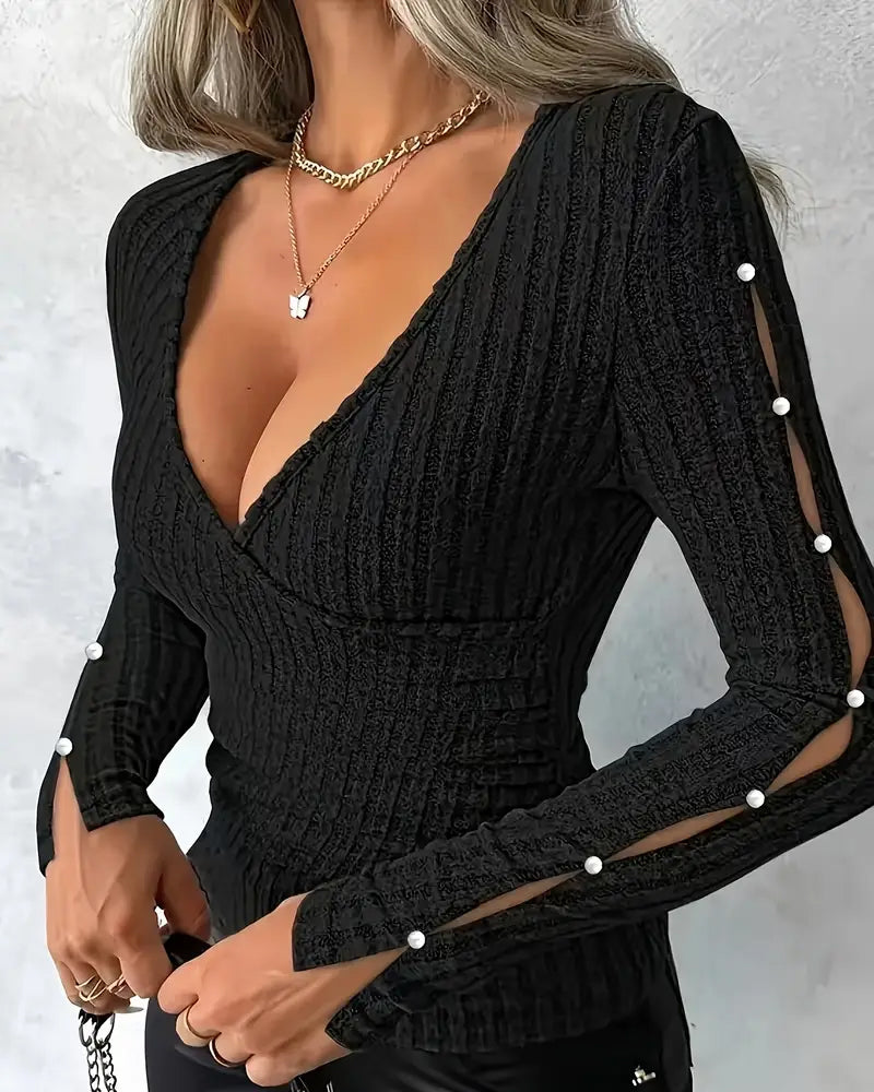 Elegant V-Neck Dress with Pearl Embellishments