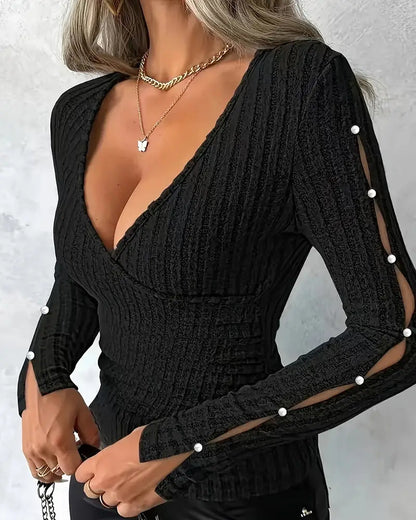 Elegant V-Neck Dress with Pearl Embellishments